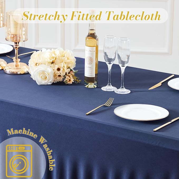 gogoparti 2 Pack Spandex Navy Blue Fitted Table Cloth for 6ft Rectangle Tables Navy Blue Stretch Tablecloth Banquet Table Covers Skirt Wrinkle Free Tablecloths for Parties Wedding