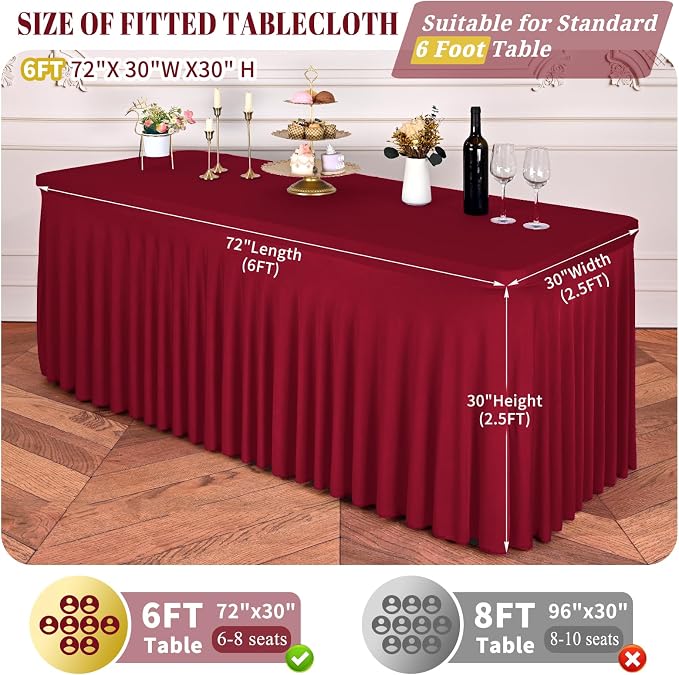 fani 2 Packs Burgundy Stretch Table Skirts for 6 Foot Rectangle Table, Washable Spandex Stretch Tablecloths with Skirt, Wrinkle Resistant Fitted Tablecover for Wedding Party Banquet