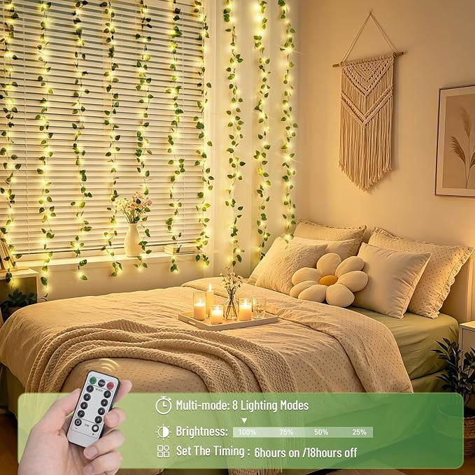 JMEXSUSS Vines Lights for Bedroom, 9.8ft x 9.8ft with Remote, 300 LED Fairy Lights with Vines, Artificial Pothos Curtain Light for Wall Dorm Wedding Indoor Decor