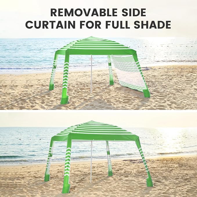 Zeraty Beach Cabana 8'×8', Portable Beach Canopy with Side Wall, UPF 50+ Silver-Coated Beach Tent Sun Shelter Easy Pop Up, Wind Resistant Adjustable Height Beach Umbrella Tent for Family, Green