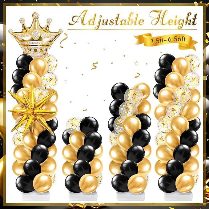 2 Sets Black and Gold Balloon Column Stand Kit with 2 Crown Foil Balloons Black and Gold Arch Garland Tower Stand with Bases for Floor for Prom Men Him Birthday Wedding Party Decorations