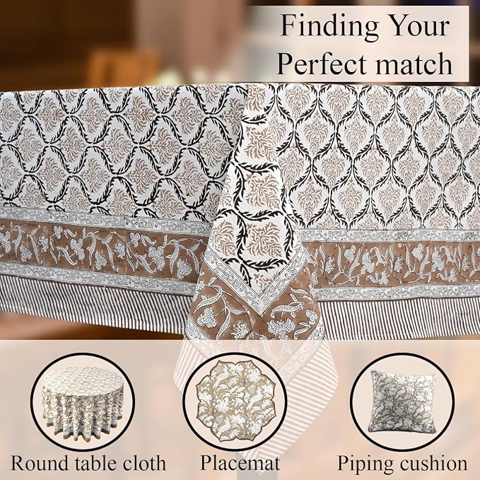 CPC Sandstone Regal Tablecloth 100% Cotton 70x118 Inch Indian Block Print Rectangle Table Cover, Table Cloth for Gifting in Weddings, Halloween, Fall, Christmas, Thanksgiving