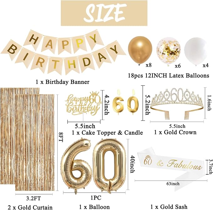 Trgowaul 60th Birthday Decorations for Women, Banner, Sash and Crown, Cake Topper, 60 Number Balloon, Fringe Curtains, Champagne Gold 60th Birthday Party Supplies