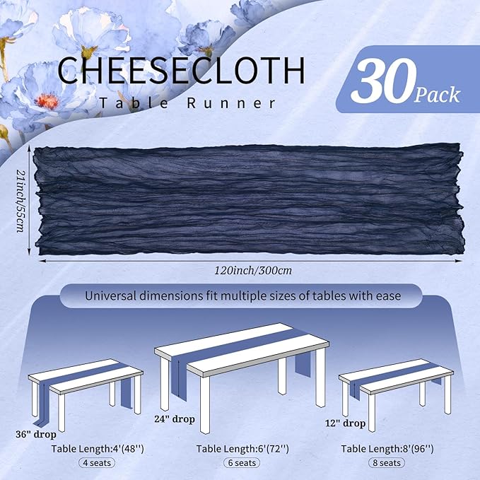 30 Pack Cheesecloth Table Runner 10FT Navy Blue Table Runner Boho Gauze Cheese Cloth Table Runners Long Rustic Sheer Table Decorations for Wedding Party Baby Bridal Shower Birthday Holiday Home