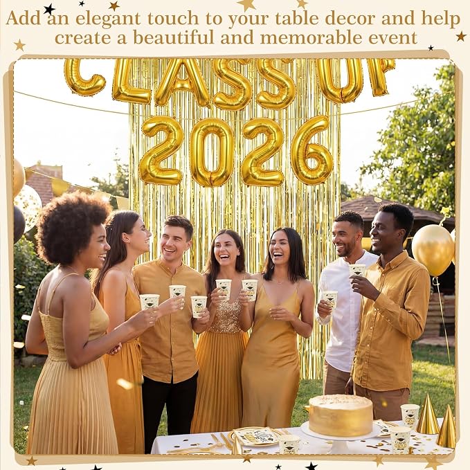 Funnymoom 400 Pcs Graduation Party Supplies Class of 2026 Graduation Paper Plate Napkin Cup Cutlery Congrats Grad Disposable Tableware Set for Grad Party Decorations, Serve 50 (Gold, Black)