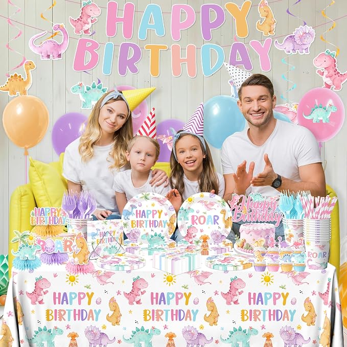 Pink Dinosaur Birthday Decorations for Girls, Pastel Dinosaur Party Decorations with Banner,Plates,Napkins,Cups,Tablecloth,Balloons,Cake Topper for Dino Themed Party Supplies, Serve 24