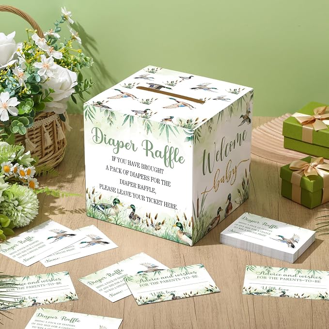 Teling 51 Pieces Diaper Raffle Tickets with Card Box Baby Shower Decorations Baby Shower Holder Box for Girl Boy Diaper Raffle Party(Mallard Duck)