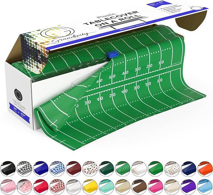 Grandipity Plastic Tablecloth Roll - 54in x 300 Ft. Football Table Cloths for Parties with Cutter Box, Cut to Size Football Field Table Cover, Superbowl Tablecloth Rectangle
