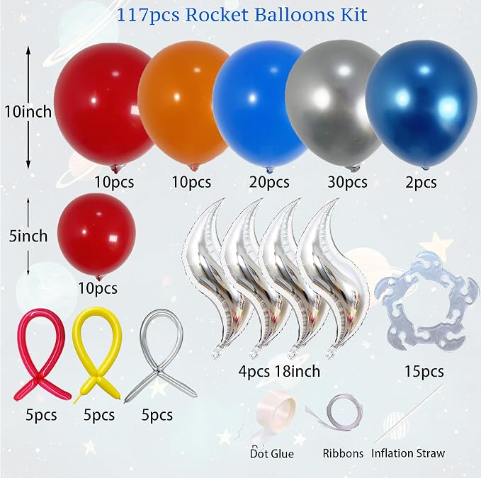 PartyXpress 117PCS Rocket Balloon Arch Garland Kit with Red Blue Orange Metallic Silver Balloons for Outer Space Theme Party Decorations, Rocketship Decor, Kids Birthday