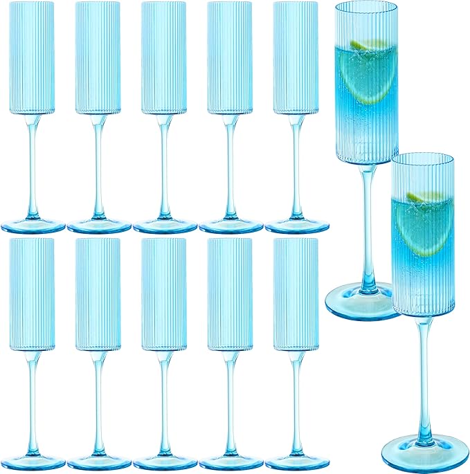 JLYLOL 12 Pcs Blue Plastic Champagne Flutes 6OZ Large Ribbed Champagne Glasses Toasting Glass Plastic Goblets for Parties Vintage Mimosa Bar Glasses Elegant Stemmed Drinking Cups for Wedding Bride