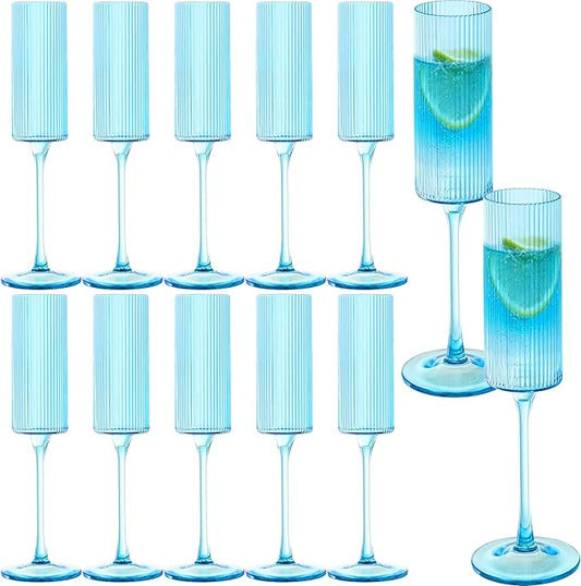 JLYLOL 12 Pcs Blue Plastic Champagne Flutes 6OZ Large Ribbed Champagne Glasses Toasting Glass Plastic Goblets for Parties Vintage Mimosa Bar Glasses Elegant Stemmed Drinking Cups for Wedding Bride