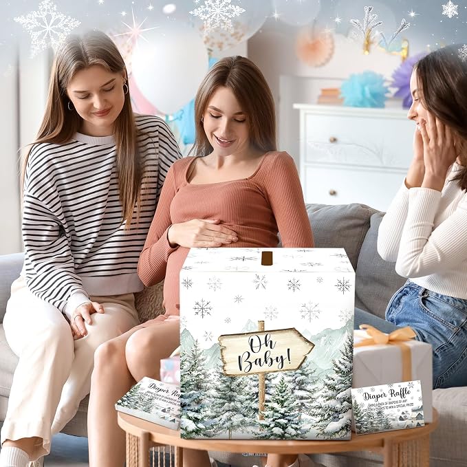 Teling 51 Pieces Diaper Raffle Tickets with Card Box Baby Shower Decorations Gender Reveal Holder Box for Girl Boy Diaper Raffle Party (Baby It's Cold Outside)