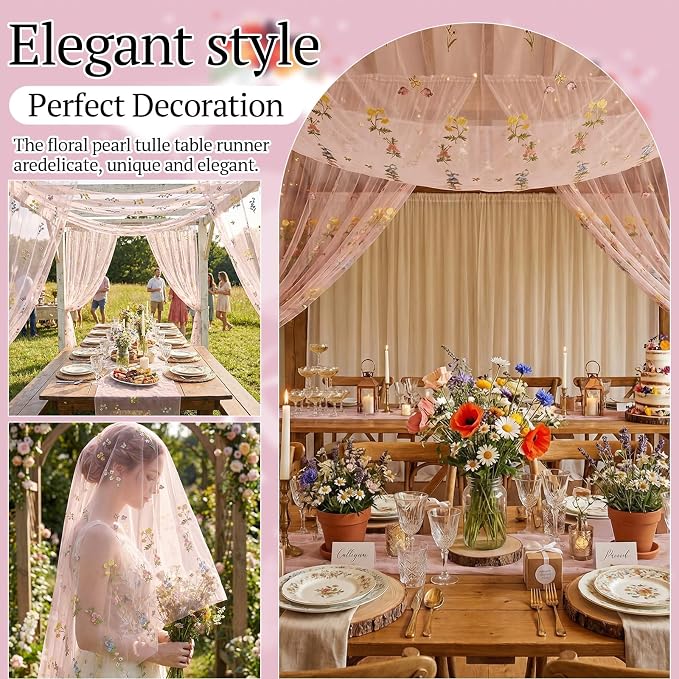 Lounsweer Pink Wildflower Table Runner 10ft Embroidery Tulle Spring Floral Table Runner Seasonal Summer Butterfly Kitchen Dining Gauze Decoration for Wedding Baby Shower Birthday Party
