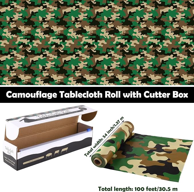 Kochorie 100 Ft x 54 Inch Camo Tablecloth Roll Camouflage Table Cover with Cutter Box Disposable Plastic Camo Table Cover Party Tablecloth Decorations for Camouflage Themed Party Supplies