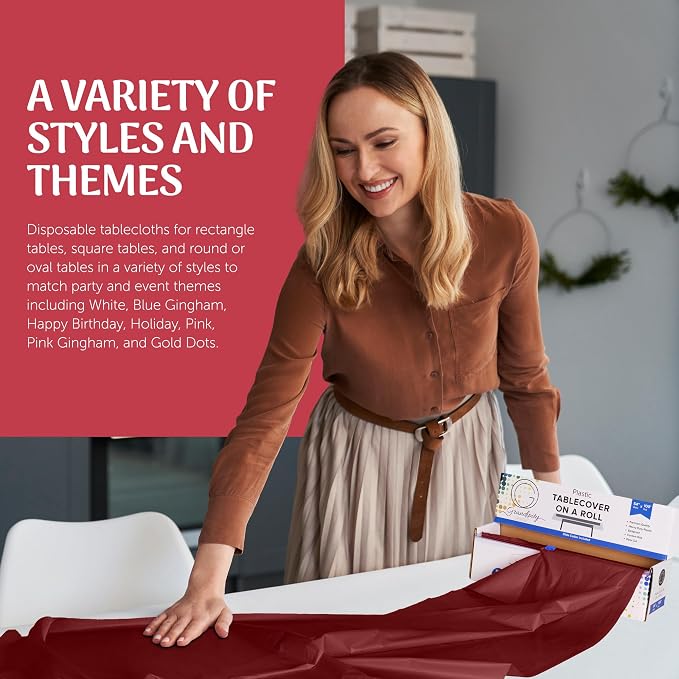 Grandipity Plastic Rectangular Tablecloth Roll, 54x100' Burgundy, Disposable with Cutter Box, Wrinkle-Resistant, Waterproof, for Parties & Events