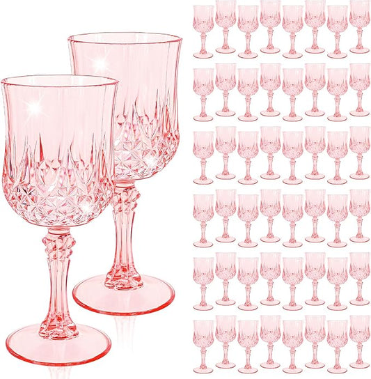 48 Pcs Light Pink Plastic Wine Glasses, Plastic Goblets for Parties, Vintage Wine Glasses Bulk, Reusable Drinking Glass, Drinkware Cups for Wedding Party Reception Event Supplies