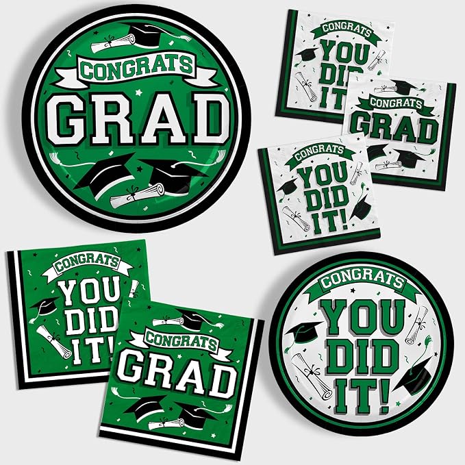 Gatherfun Graduation Party Supplies Dinnerware Set green Disposable dinner paper plates dessert paper plates and Napkins for Congrats Grad Party Decorations, Serve 50