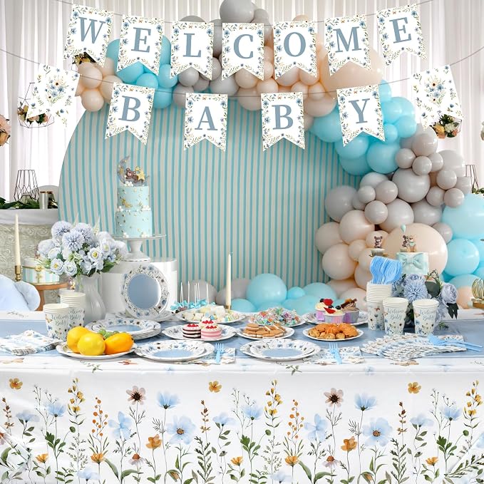 LemonRoad 128 Pcs Blue Floral Baby Boy Shower Party Decorations for 25 Guests, Wildflower Welcome Baby Shower Paper Plates Napkins Cups Tablecloth Forks Banner for Spring Gender Reveal Party Supplies