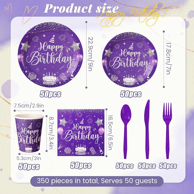 Vesici 350 Pcs Happy Birthday Party Supplies Disposable Party Tableware Set Serves 50 Included Plates Napkins Cups Cutlery for Men Woman 50th 80th Birthday Party Decorations (Silver Purple)