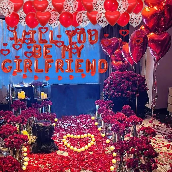 Red Will You Be My Girlfriend Balloons - 2000pcs Red Artificial Rose Petals 48pcs Flameless LED Candle Tealight 21pcs Letter Balloons 18" Heart Balloon Latex Balloon for Valentines Day Decorations