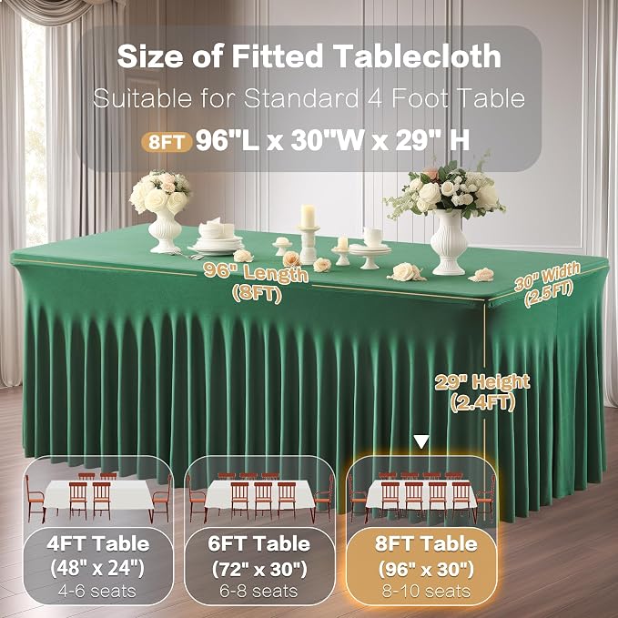 Shillance 2 Packs Green Spandex Table Clothes for 8 Foot Rectangle Table, Spandex Table Covers 8FT Stretch Table Skirts Wrinkle Free Fitted Table Cloth for Easter, Event, Wedding, Banquet & Parties