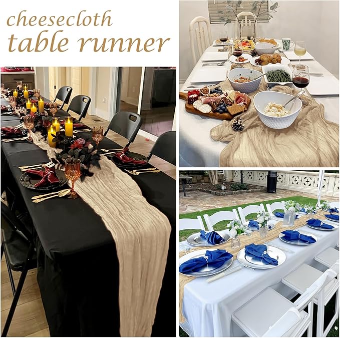 12 Pack Beige Cheesecloth Table Runner 17 x 108 Inch Gauze Table Runner Fabric Semi Sheer Cheese Cloth Table Decoration Bulk for Rustic Romantic Wedding Baby Shower Table Decoration
