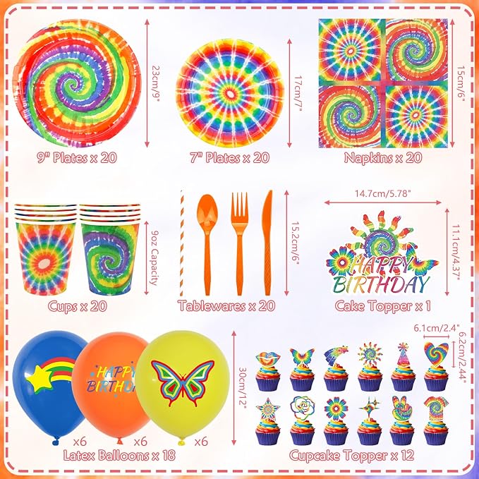 Tie Dye Birthday Party Decorations, Includes Happy Birthday Banner, Plates, Tablecloth, Cups, Balloon and Straws, for 60s Hippie Party Supplies, Serves 20 Guest