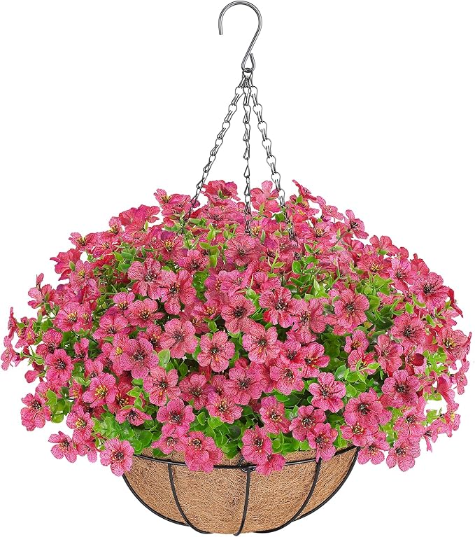 AGIRL Artificial Hanging Flowers with Baskets for Outdoors,UV Resistant Fake Hanging Plants for Outdoor Porch Patio Garden, Realistic Silk Flowers for Spring Summer Home Decor(Rose Red)