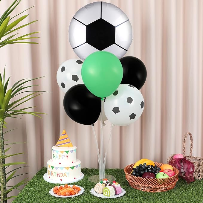 Soccer party Balloons Stand Kit 2 Sets with 2 Soccer Foil Balloons Arch Kit Green White Black Themed Centerpiece for Tables for 2026 World Men Boys Football Game Sports Birthday Party Decorations
