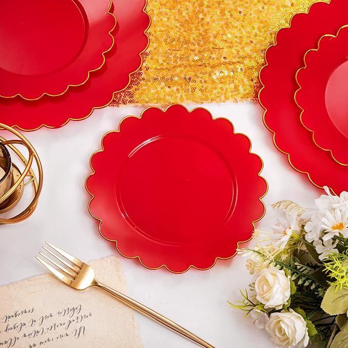 LIYH 60 Pcs Red Plastic Plates Disposable with Gold Edge Scalloped Red Gold Disposable Plates Includes 30 Dessert & 30 Dinner Plate Dishes Tableware for Party