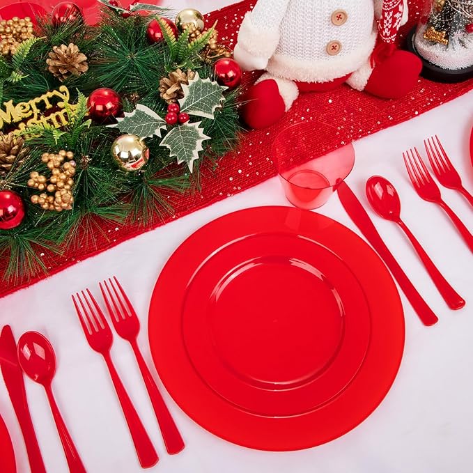 KIRE 150 Pieces Red Plastic Plates Disposable - Red Dinnerware Set Include 25Dinner Plates 25Salad Plates 25Forks 25Knives 25Spoons 25Clear Red Cups for Christmas Parties