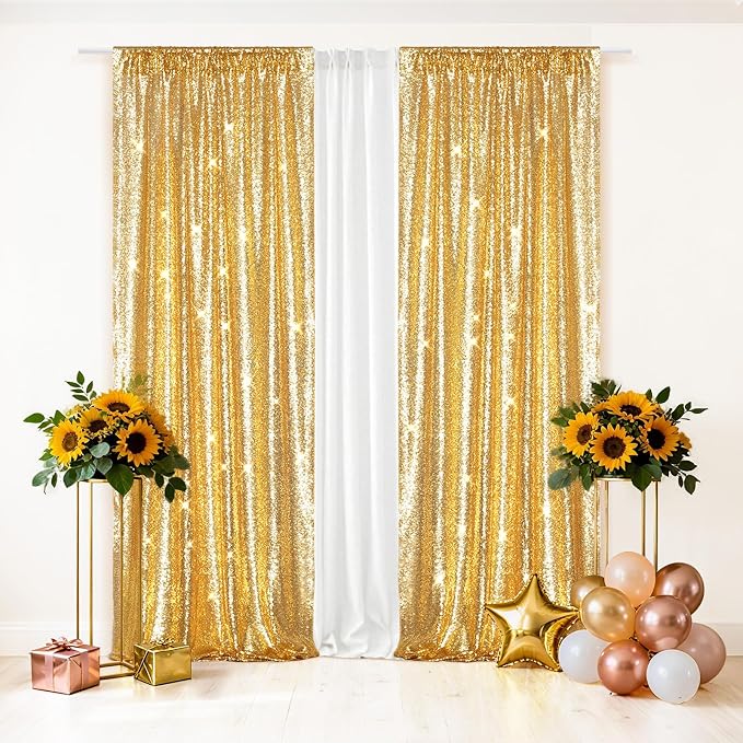 Eternal Beauty Sequin Backdrop Curtains, 2x8 Ft-2 Panels Gold Back Drop for Mother's Day Shimmer Photography Party Wedding Birthday Decor