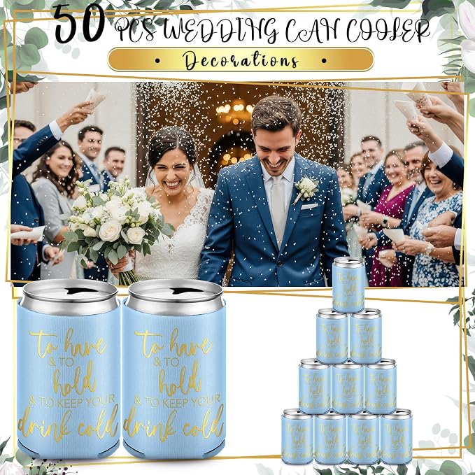 Hoteam 25 Sets Wedding Party Favors for Guests Bulk Including Can Cooler and Paper Folding Fans with Wedding Decor Table Sign Cheers to Love for Bridal Shower Party Souvenir(Classical,Blue)