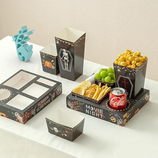 Baffect Movie Night Snack Trays 100pcs Include 20 Movie Night Trays, 20 Popcorn Boxes, 20 Salad Bowls, 20 Nacho Bowls, 20 Movie Party Invitations, Horror Movie Night Supplies for Nacho Bar