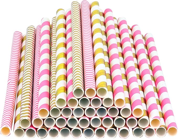 Paper Straws 200 Pack Biodegradable Gold and Pink Striped Design 8.25" Straw for Everyday/Birthday Party/Baby Shower/Wedding/Anniversary and Parties, Long Lasting by DuraHome(200 Pack, Gold & Pink)
