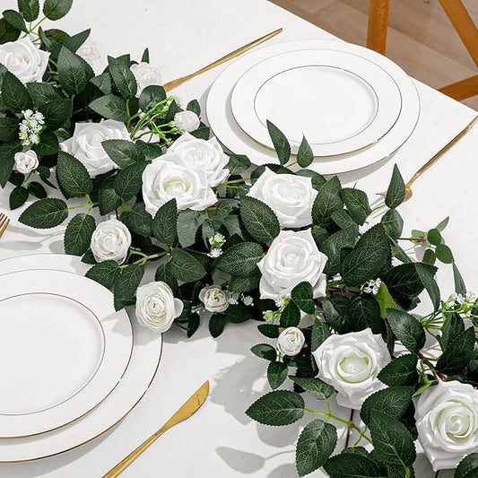 2 Pack 11.2 Ft Artificial Flower Garland with White Roses, Realistic Fake Greenery Vines with 17 Roses Flowers for Wedding Table Centerpieces Arch Party Ceremony Backdrop Decor(White)