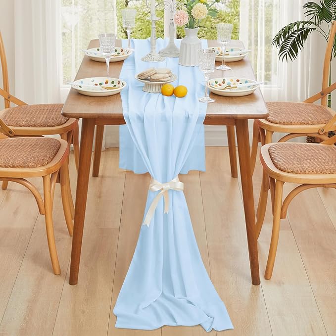Horbaunal 12 Pack Baby Blue Chiffon Table Runners 10FT Sheer Chiffon Runner 29x120 Inches Romantic Boho Rustic Table Runner for Wedding Party Bridal Baby Shower Table Decorations