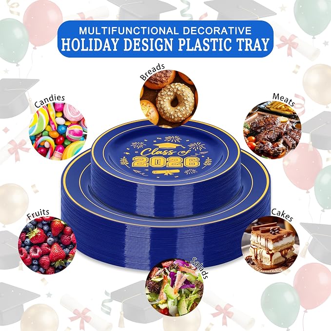 150 Pcs 2026 Graduation Plastic Plates with Disposable Silverware Serves 30 Guests, Blue Gold Graduation Disposable Plates Including 30 Dinner&Dessert Plates, Cups, Napkins, Gold Forks for Party