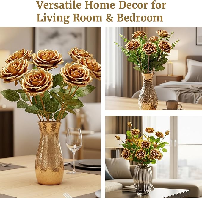 Auihiay 60PCS Gold Rose Artificial Flowers, Faux Silk Roses, Realistic Roses Bouquet for Anniversary, Baby Shower, Birthday, Graduation, Table Centerpieces, New Year's, Fathers Day Decor
