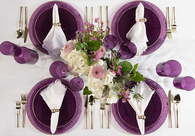 PLASTICPRO 30 Pack Hammered Plastic Plates Heavyweight Disposable Elegant Translucent Purple Hammered Platsic Party Dishes with Gold Rim (Hamered Purple With Gold Rim, 10'' INCH PLATES)