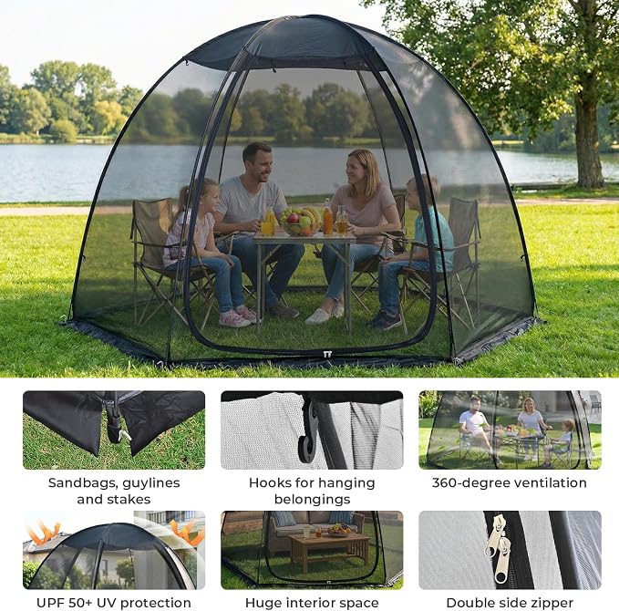 Alvantor® Pop Up Screen House Tent 10x10 FT, Snap-fit Black Mesh Screen Gazebo with Peaked Roof, Portable Screen Room Canopy Shelter with Sandbags for Camping, Backyard, Picnic