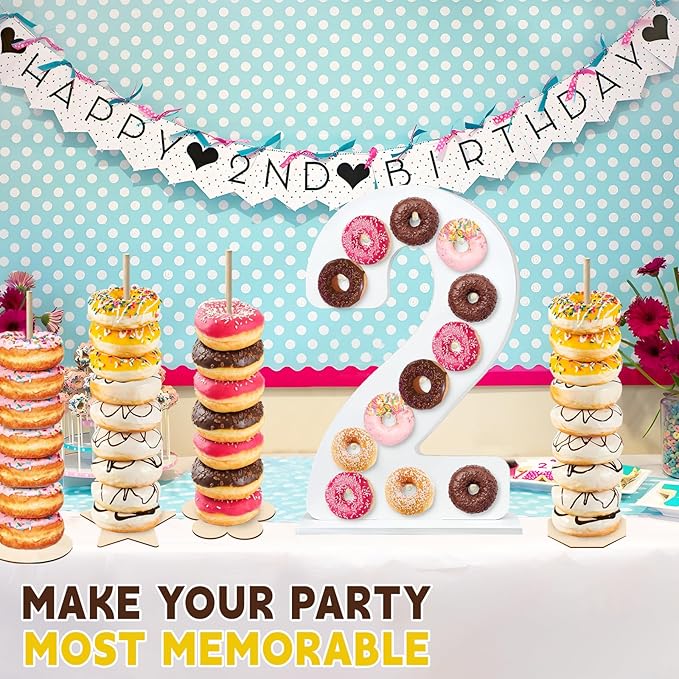 5 Pcs Donut Stand Set, Doughnut Party Supplies Include 1 Pc Digit Donut Wall Display Stand, 4 Pcs Doughnut Wall, for Birthday Wedding Baby Shower Party (White number 2)