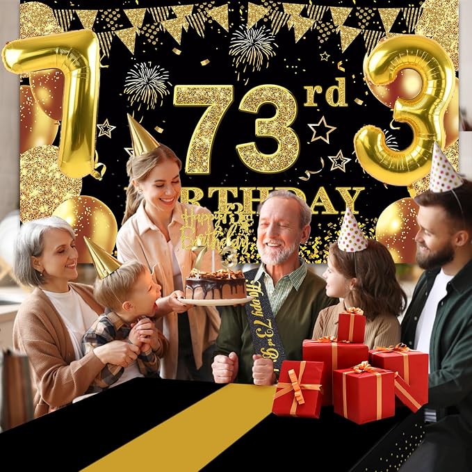 73rd Birthday Decorations Men Women with 73rd Birthday Banner, Black and Gold Table Cloth, Number Balloons, Sash, Cake Topper and Candles