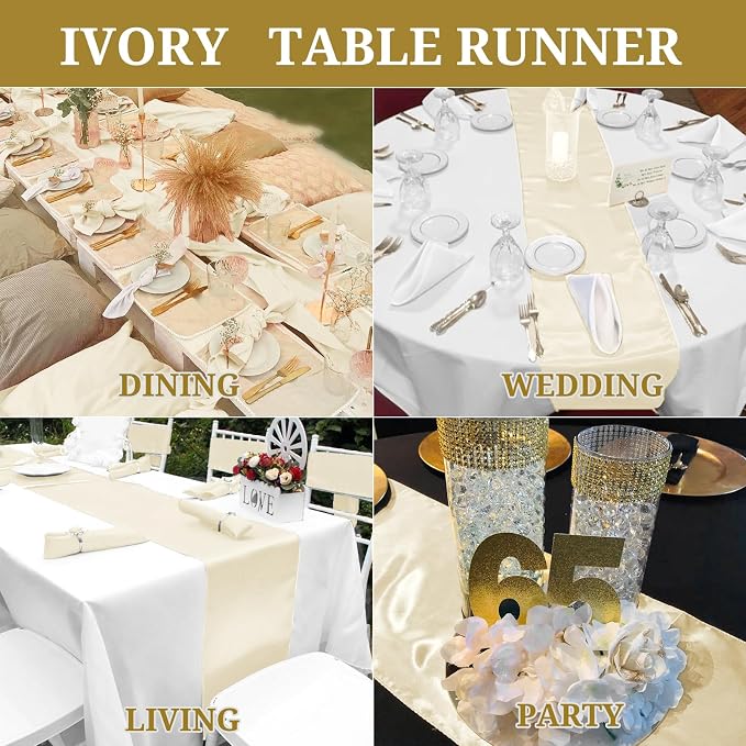 15 Pack Satin Table Runners 12 x 108 Inch Long, Ivory Table Runners for Rectangle Round Tables,Smooth Satin Table Runner for Wedding,Birthday Party Banquets Graduation Engagements Decoration