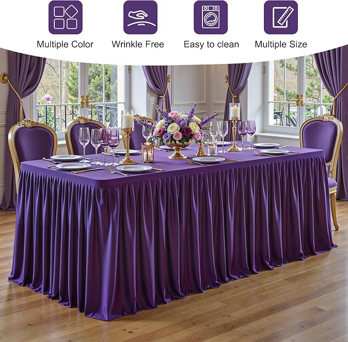 2 Packs Purple Polyester Tablecloths Rectangle Tables 8ft, Stretch Fitted Table Covers for 8 Foot Tables Wrinkle Free Rectangle Table Cloth with Skirt for Birthday Party Events Banquet Baby Shower