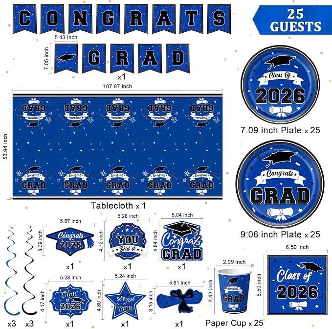 2026 Graduation Decorations for Party, Blue Plates Napkins Cups Tablecloth with Congrats Grad Hanging Decor for 25 Guests, Congratulations Disposable Party Supplies Favors for College & Middle School