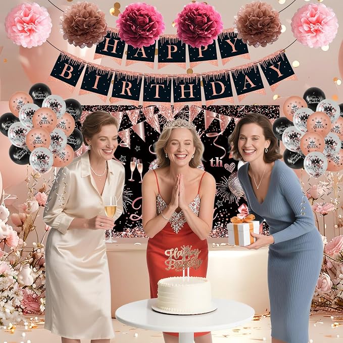 Happy Birthday Decorations for Women Girls, Black Rose Gold Birthday Party Decor Include Sash and Crown, Balloons, Banner, Backdrop, Cake Topper & 6pcs Paper Pom Poms (Black rose gold)