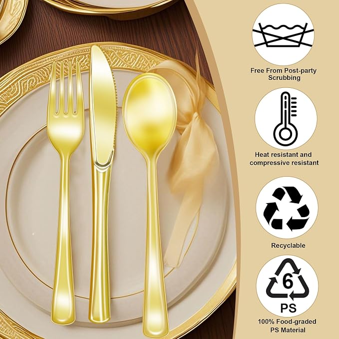 Zcaukya 200 Pieces Gold Plastic Silverware Set, Disposable Cutlery Set Including 100 Forks, 50 Knives and 50 Spoons, Eating Implements Flatware in Bulk for Dinner, Weddings and Birthday Parties