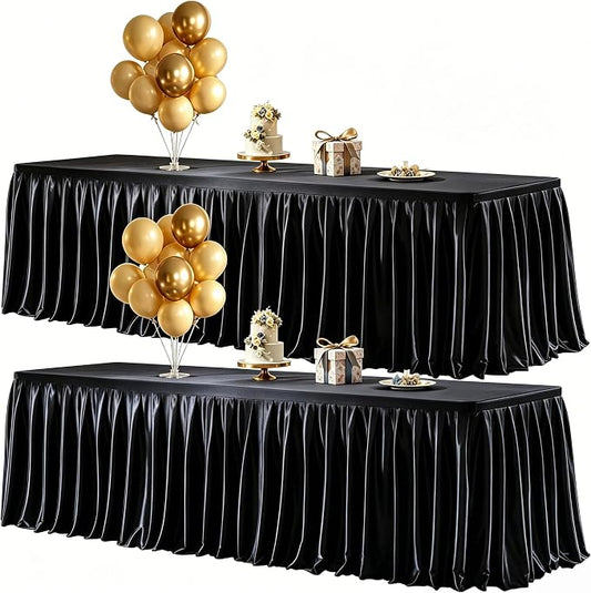 Wish Care 2 Pack Satin Table Cover Skirts for 6ft Rectangular Tables, Black Shimmer Silk Tablecloth with Floor Length Ruffle for Wedding Banquet Party Buffet Decoration