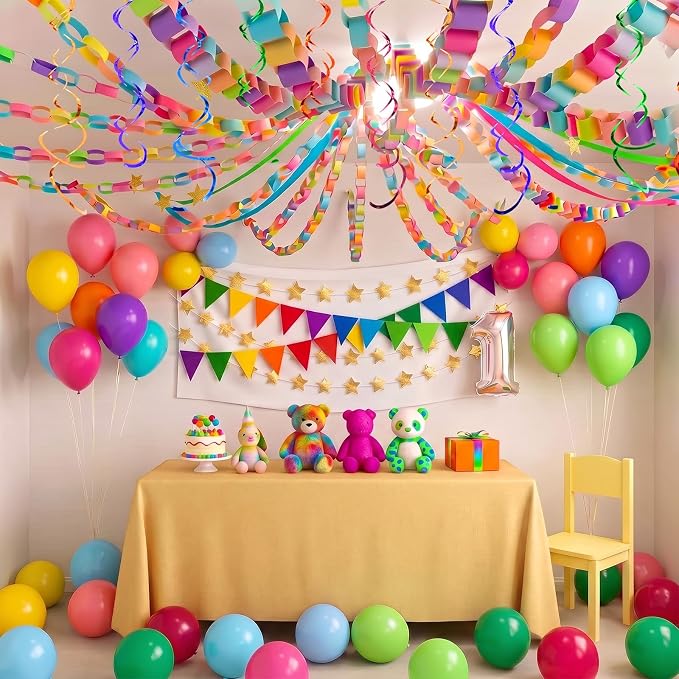 TaoBary Birthday Party Decor Kit 600 Sheet Paper Chain Garland Strips 656ft Crepe Paper 52ft Star Garland 52ft Felt Pennant Flag rainbow Ceiling Swirls 50 Balloons for DIY Birthday Wedding Party